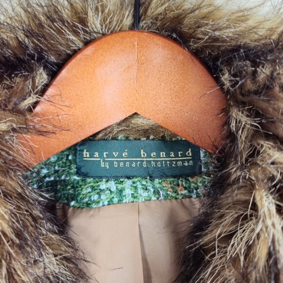 Vintage Harve Benard Fur Collared Trim Wool Blend Green Tweed Blazer Jacket 6 - Picture 5 of 15